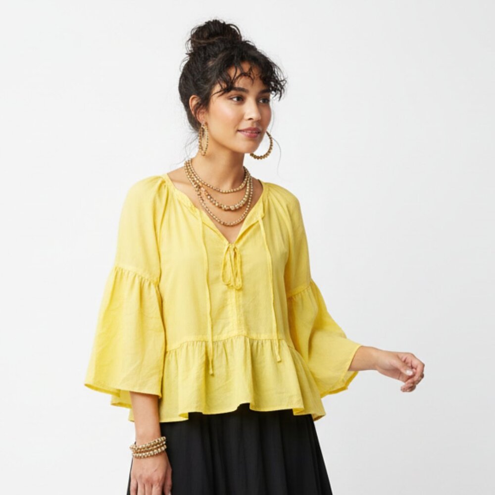 Worth Yellow 3/4 Length Sleeve Peasant Boho Bohemian Farmhouse Blouse Top L